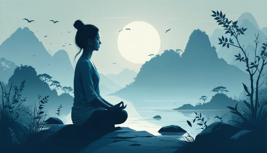 Woman practicing meditation in a peaceful home setting with soft lighting