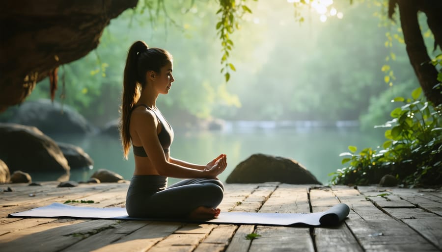 Person practicing yoga poses outdoors surrounded by nature, demonstrating mind-body connection