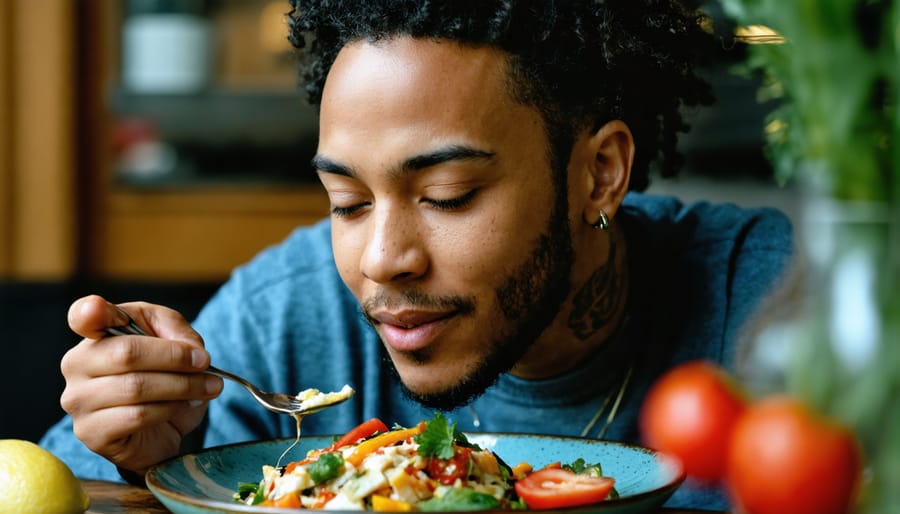 Individual practicing mindful eating with a healthy, balanced meal