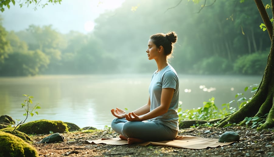 Individual sitting cross-legged in meditation pose outdoors with serene expression
