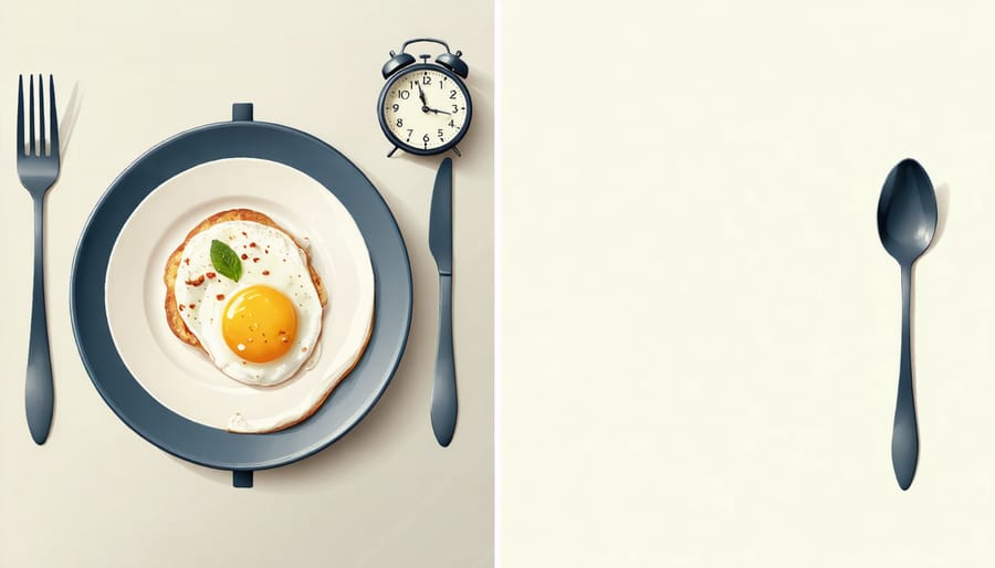 Side-by-side comparison showing traditional breakfast plate versus empty plate during fasting window