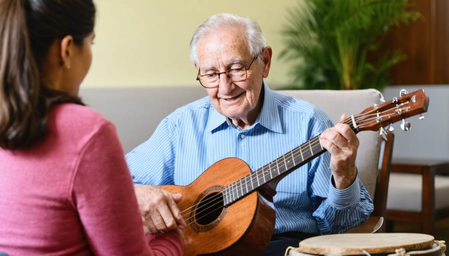 Elderly person engaged in music therapy, smiling while playing musical instruments