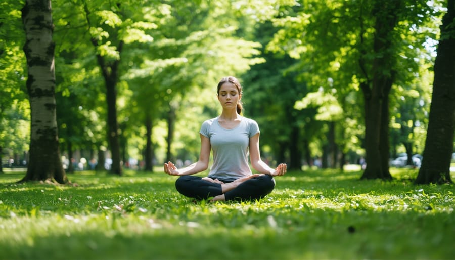 Individual practicing mindfulness in a peaceful natural setting surrounded by trees