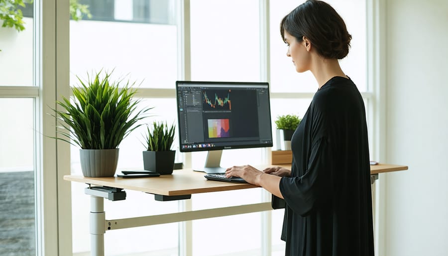 Person working at an ergonomic standing desk in a well-organized office space