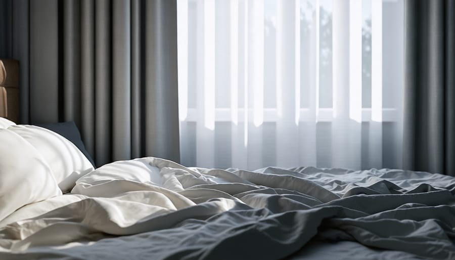Peaceful bedroom setup showing temperature control and light management for optimal sleep