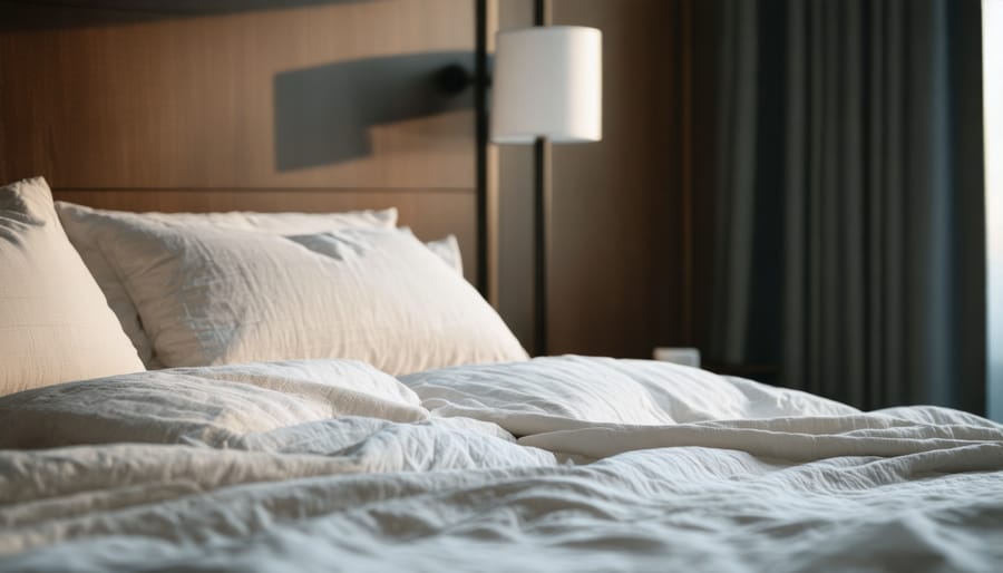 Peaceful bedroom setup showing blackout curtains, appropriate lighting, and clutter-free space