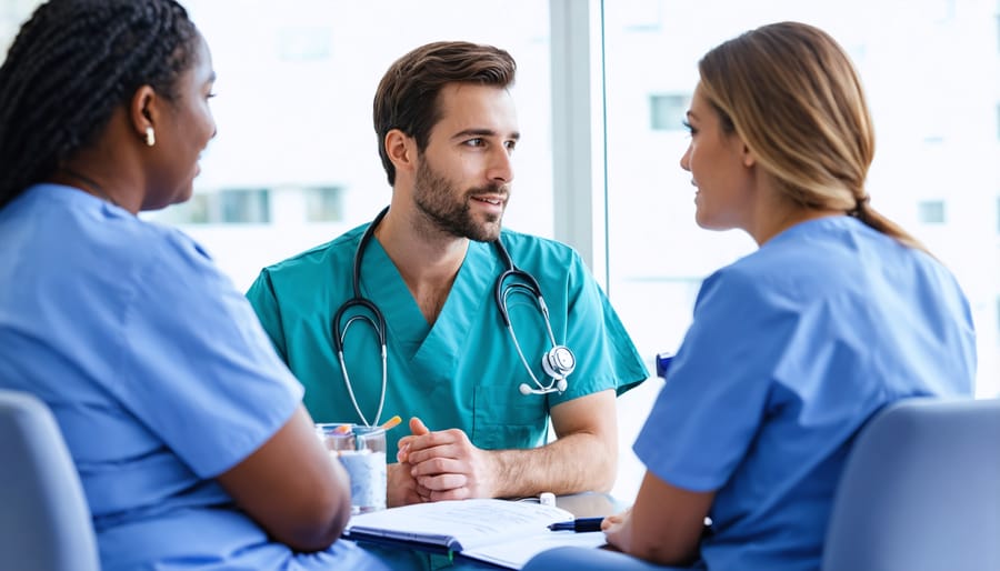 Multi-disciplinary healthcare team reviewing patient care plan together
