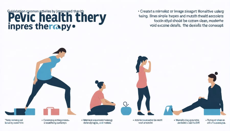 Visual representation of daily activities enhanced by pelvic floor therapy, including exercise, lifting, and posture