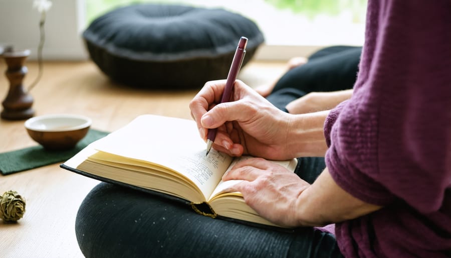 Individual creating a personal stress management plan with wellness tools visible