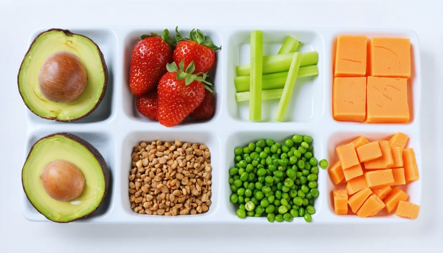 Balanced meal with foods beneficial for male reproductive health including nuts, fish, vegetables, and whole grains