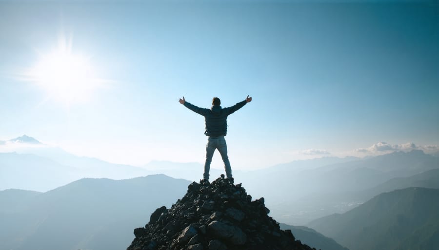 Silhouette of person celebrating success on mountain peak at sunrise