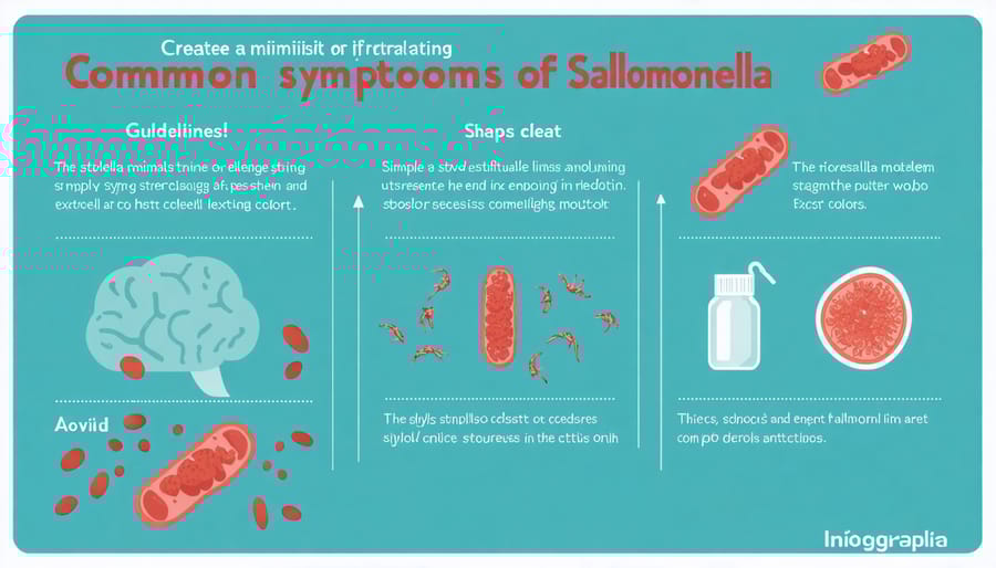 Medical illustration depicting key symptoms of salmonella including fever, stomach cramps, and nausea