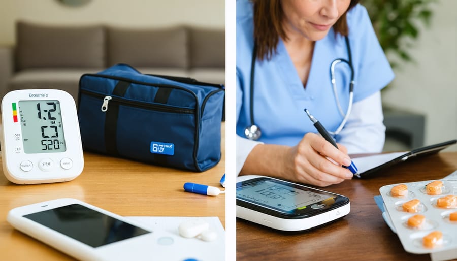 Patient using various self-monitoring medical devices and tools at home