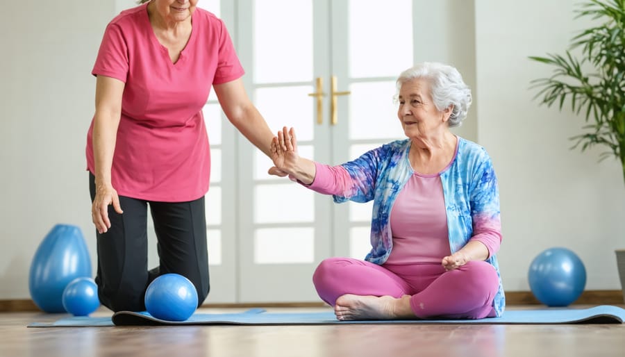 Elderly person practicing gentle yoga exercises with support from a caregiver