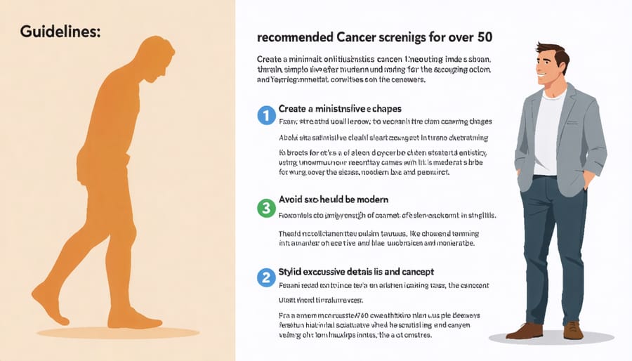 Visual chart displaying various cancer screening tests and recommended frequencies for senior men
