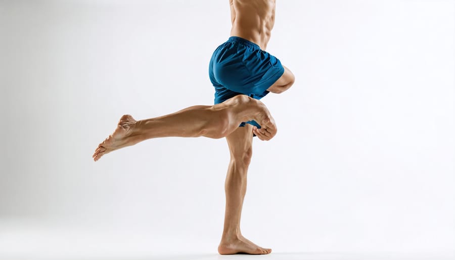 Person demonstrating proper form for single-leg balance exercise while holding onto a chair for safety