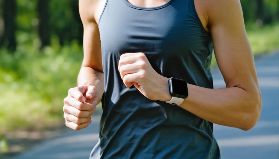 Individual checking health metrics on smartwatch during workout