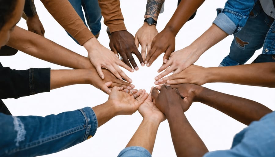 Multi-ethnic group of adults holding hands in a circle, demonstrating unity and support