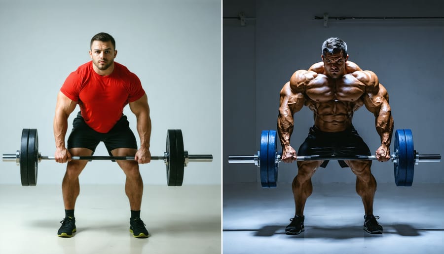 Split image showing contrasting training styles: powerlifter deadlifting versus bodybuilder doing bicep curls