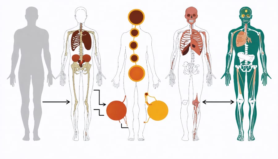 Anatomical illustration highlighting the impact of stress hormones on major organs and systems