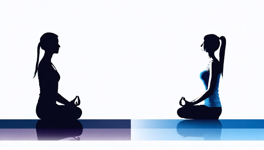 Side-by-side comparison of person meditating and person actively working, representing balanced coping strategies