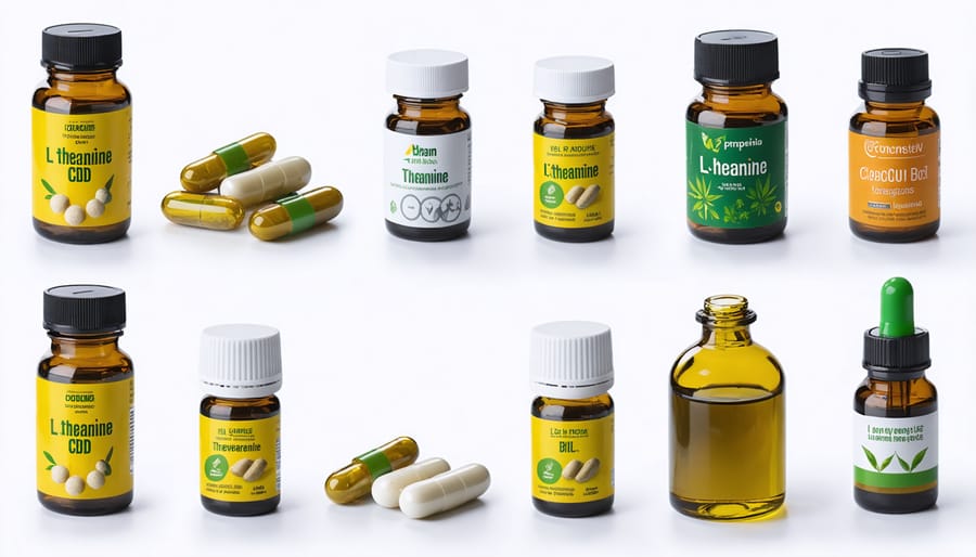 Different forms of L-theanine and CBD supplements including capsules, oils, and tinctures on a white background