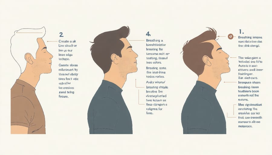 Sequential diagrams demonstrating diaphragmatic breathing technique with arrows showing airflow