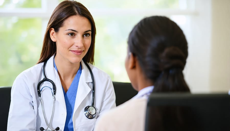 Female healthcare provider discussing screening results with a middle-aged woman patient