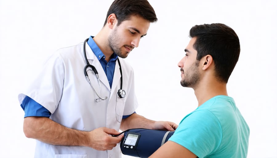 Healthcare professional measuring blood pressure of a young male patient