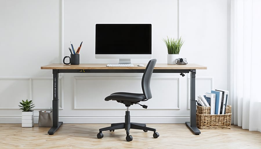Well-organized active workspace with standing desk, balance board, and ergonomic equipment