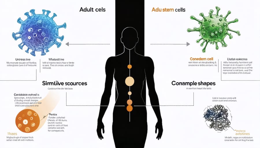 Anatomical diagram highlighting various adult stem cell locations including bone marrow, skin, and fat tissue