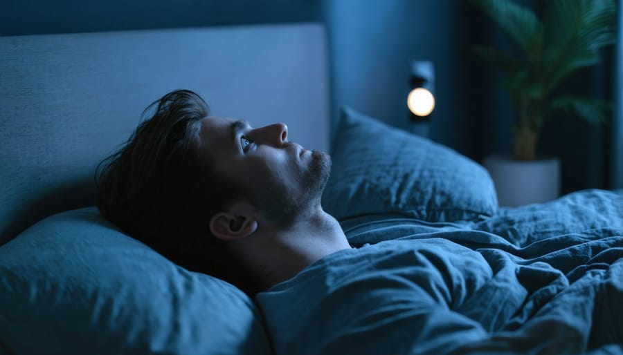 Anxious person experiencing insomnia, lying awake in darkness
