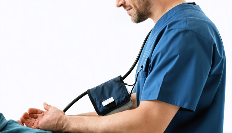 Medical professional measuring patient's blood pressure using a sphygmomanometer