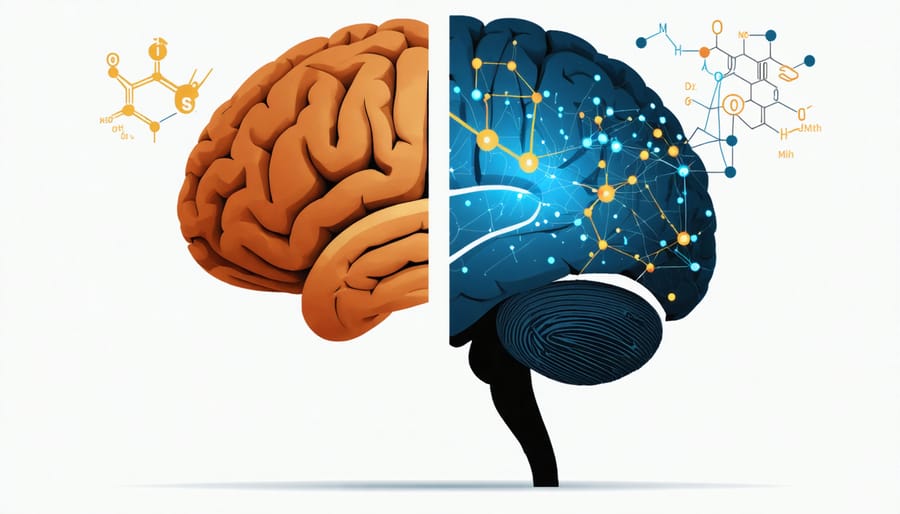 Split-view medical illustration comparing neurological and chemical aspects of the brain