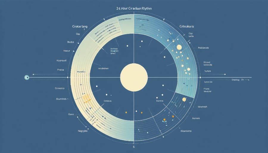 Infographic of 24-hour circadian rhythm clock showing peaks and valleys of different hormone levels