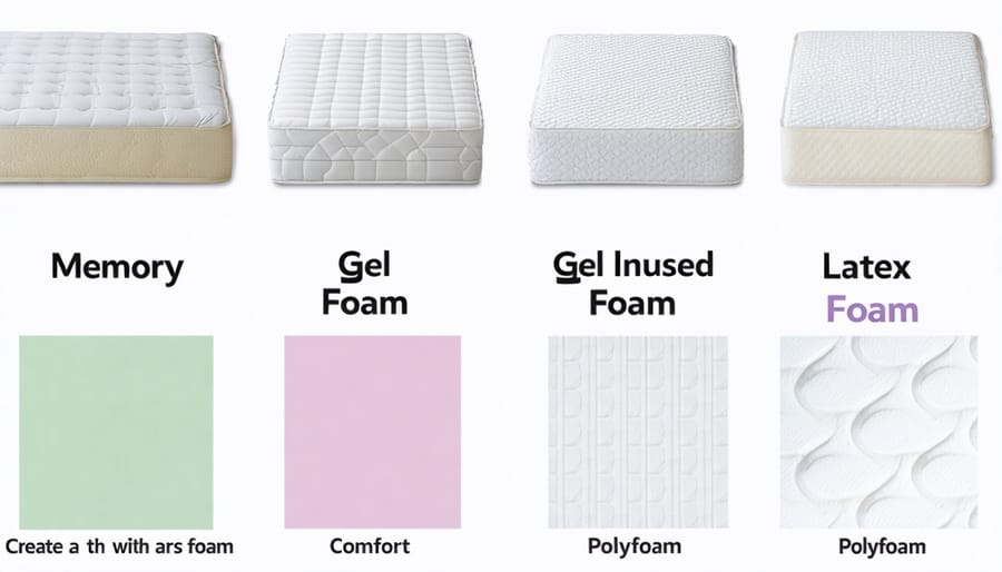 Four-panel comparison displaying different mattress comfort layer materials and their textures