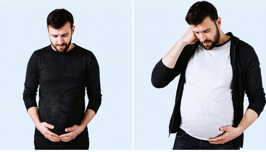 Man experiencing physical symptoms of Couvade syndrome during partner's pregnancy