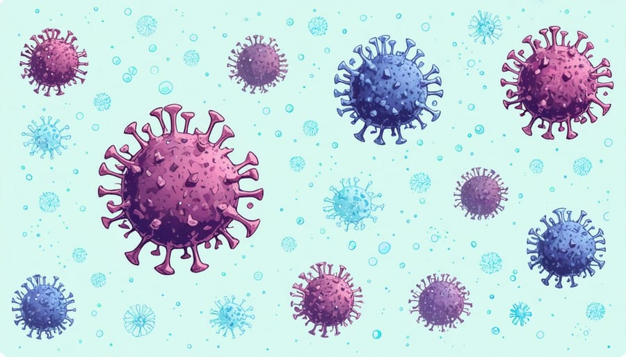 3D visualization of coronavirus particles attacking immune cells, showing T-cells and antibodies responding