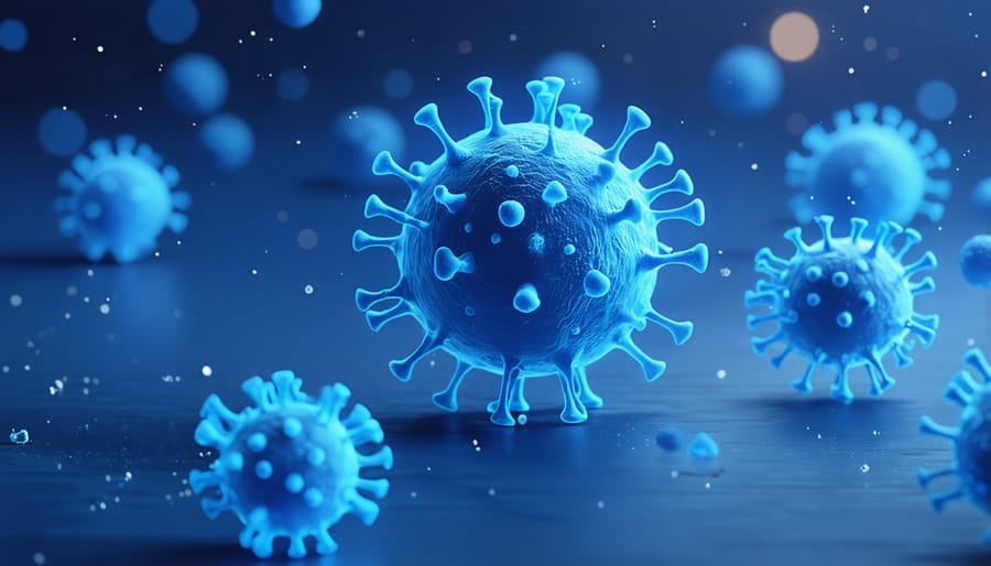 Scientific illustration showing COVID-19 virus particles interacting with human body's defensive barriers