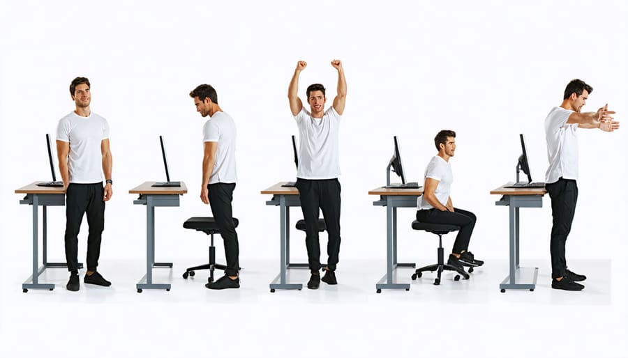 Office worker performing simple desk exercises and stretches at their workstation
