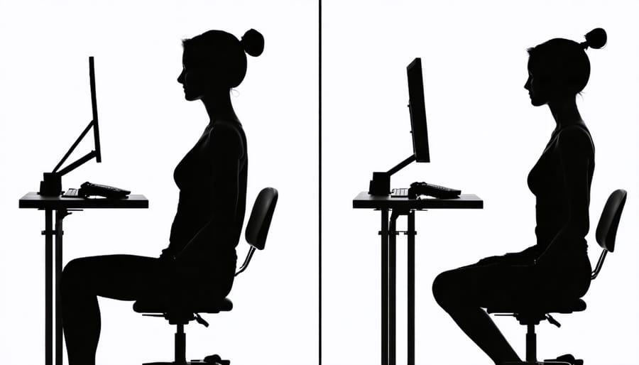 Side-by-side comparison of incorrect and correct office posture with anatomical highlights