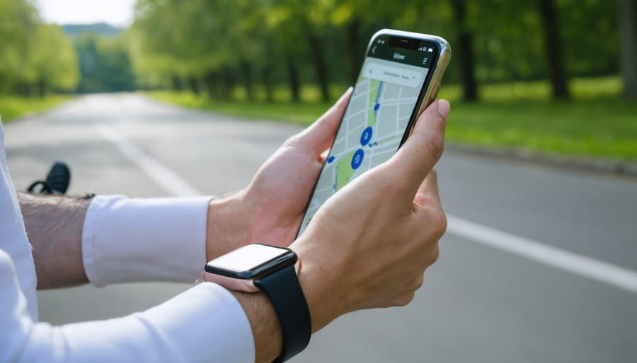 Individual checking fitness metrics on a smartwatch during outdoor workout