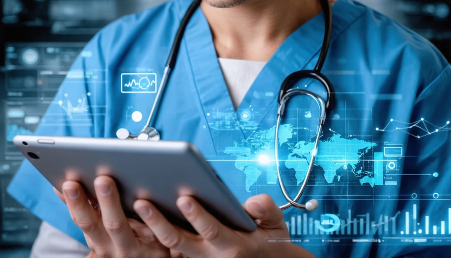Doctor accessing digital patient records on a tablet computer in a medical office