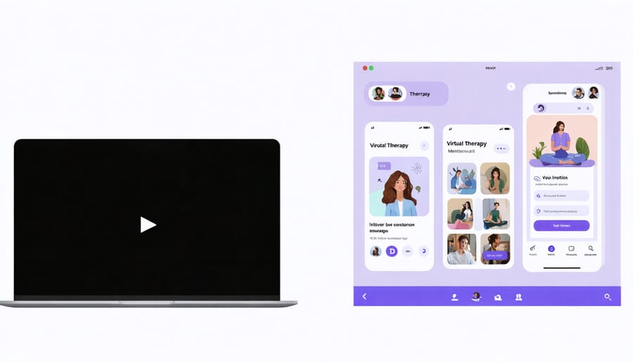 Online therapy session and mental health apps displayed on digital devices