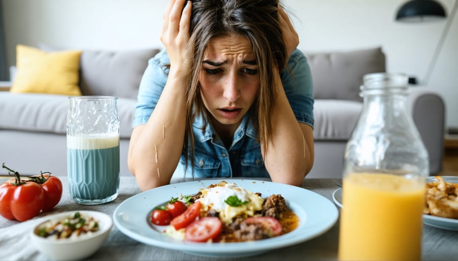 Individual displaying anxiety and stress while looking at a plate of food