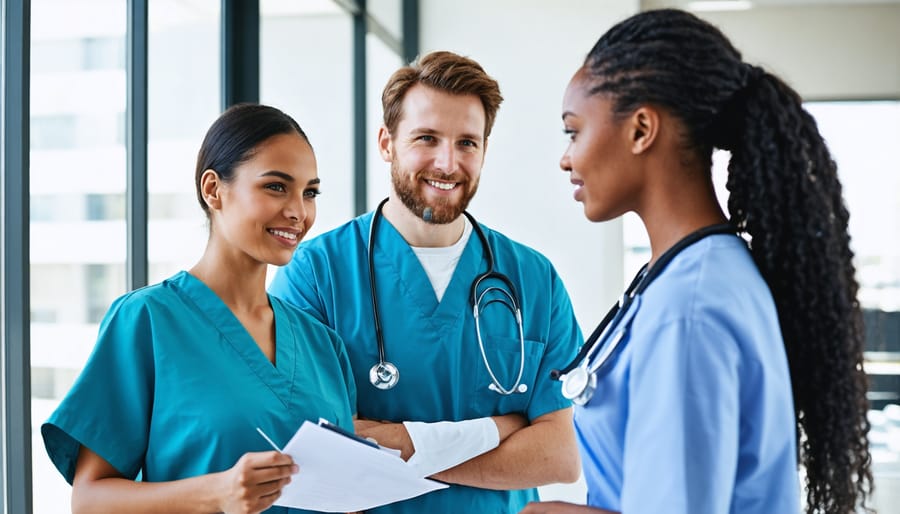 Multi-ethnic team of doctors and nurses discussing patient care