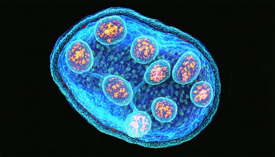 Fluorescent microscopy image of colorful embryonic stem cells in various stages of development