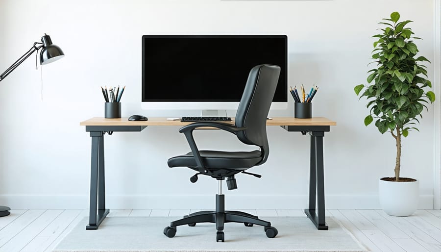 Well-organized home office workspace with ergonomic equipment and proper positioning of devices