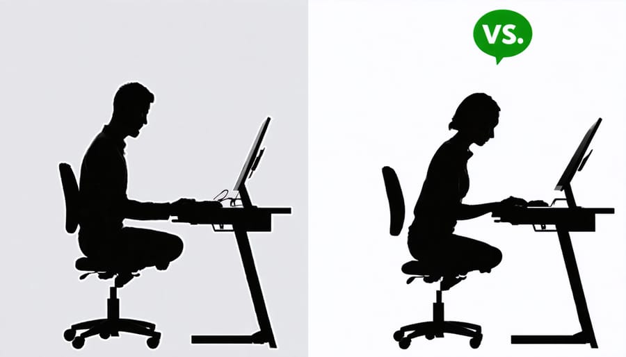 Diagram showing correct and incorrect sitting posture at a desk, highlighting neck, back, and arm positioning