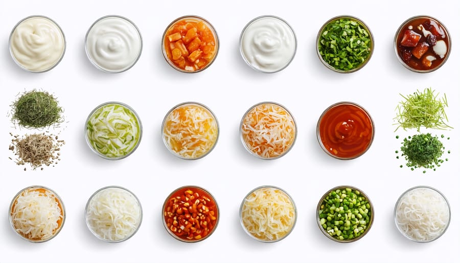 Arrangement of colorful fermented foods in separate bowls showing variety and texture